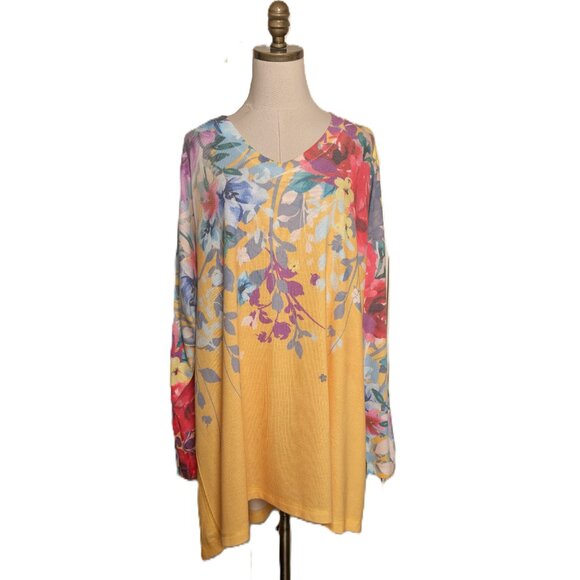 Soft Surroundings Delphine Floral V-Neck Tunic Sweater Plus Size 3X Yellow - Picture 3 of 8